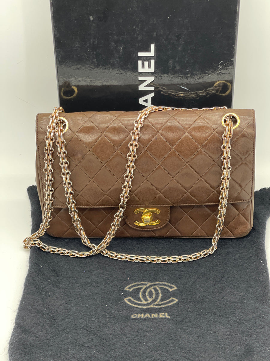 Preloved CHANEL Brown Lambskin Medium Double Flap Matelasse Chain