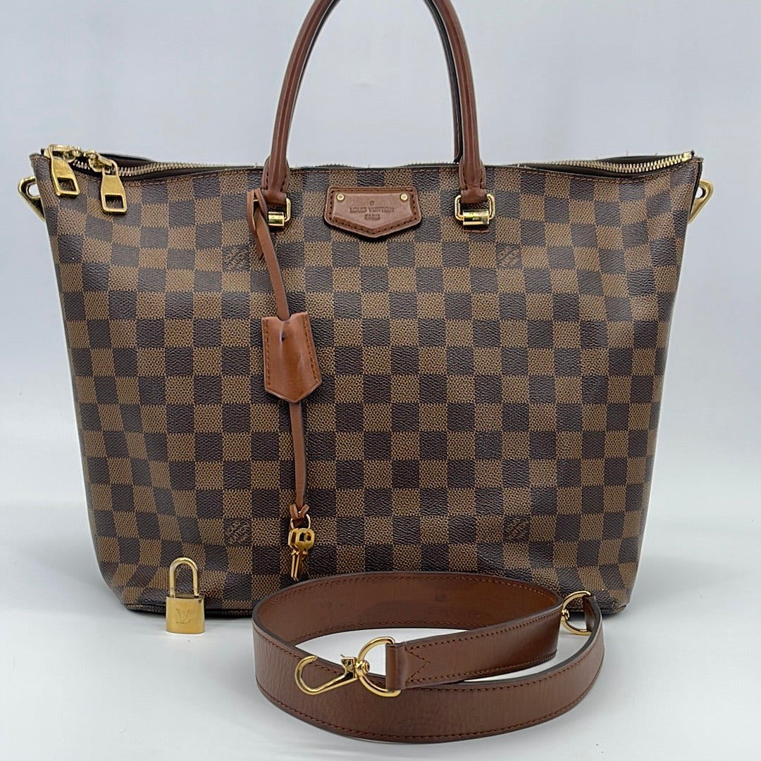 USED Louis Vuitton Damier Ebene with Pink Leather Jersey Tote Bag