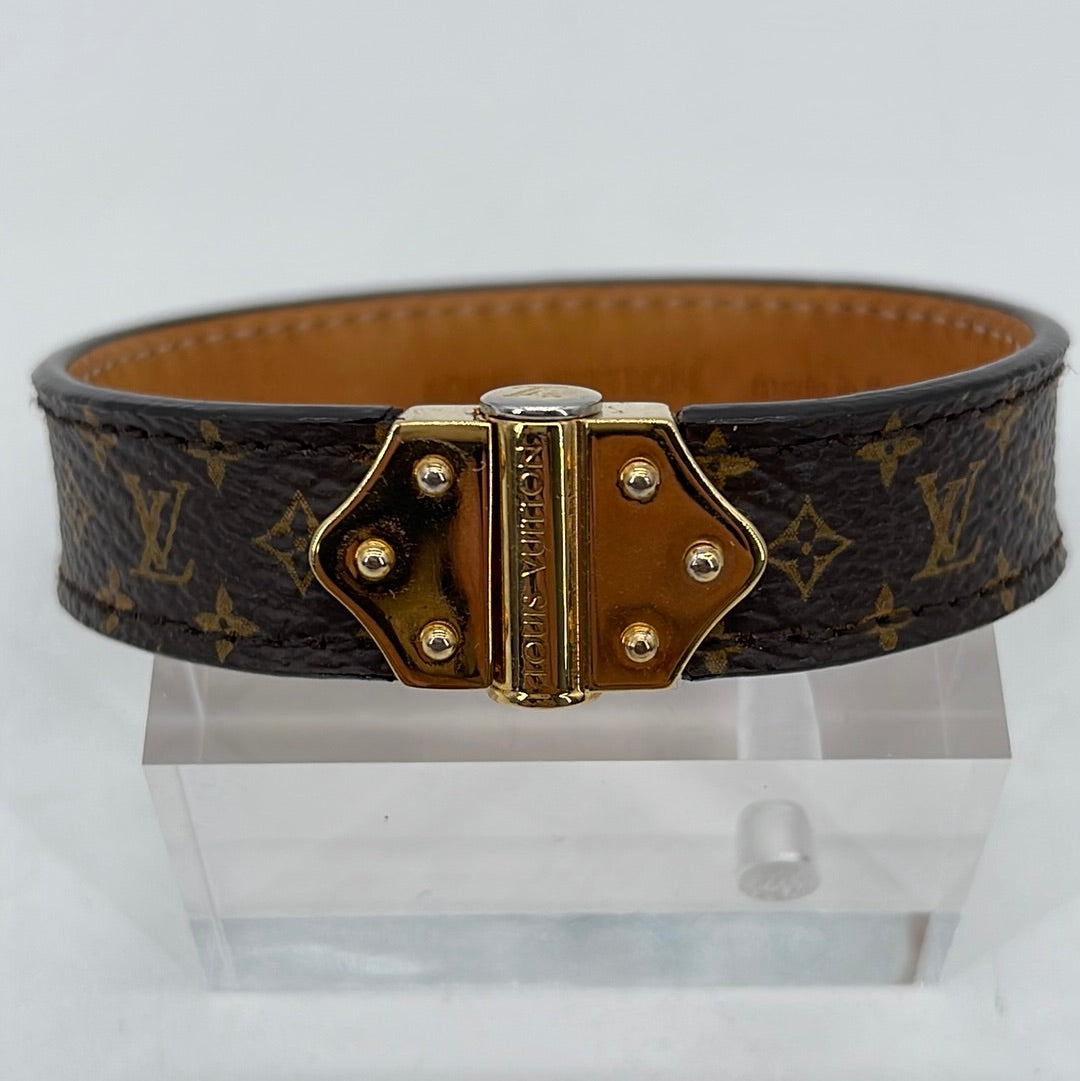 Louis Vuitton Monogram Leather Bracelet Brown 19cm Length Shipping