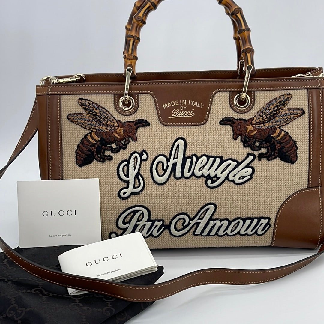 Preloved Gucci Embroidered Cross Stitch Canvas and Brown Leather