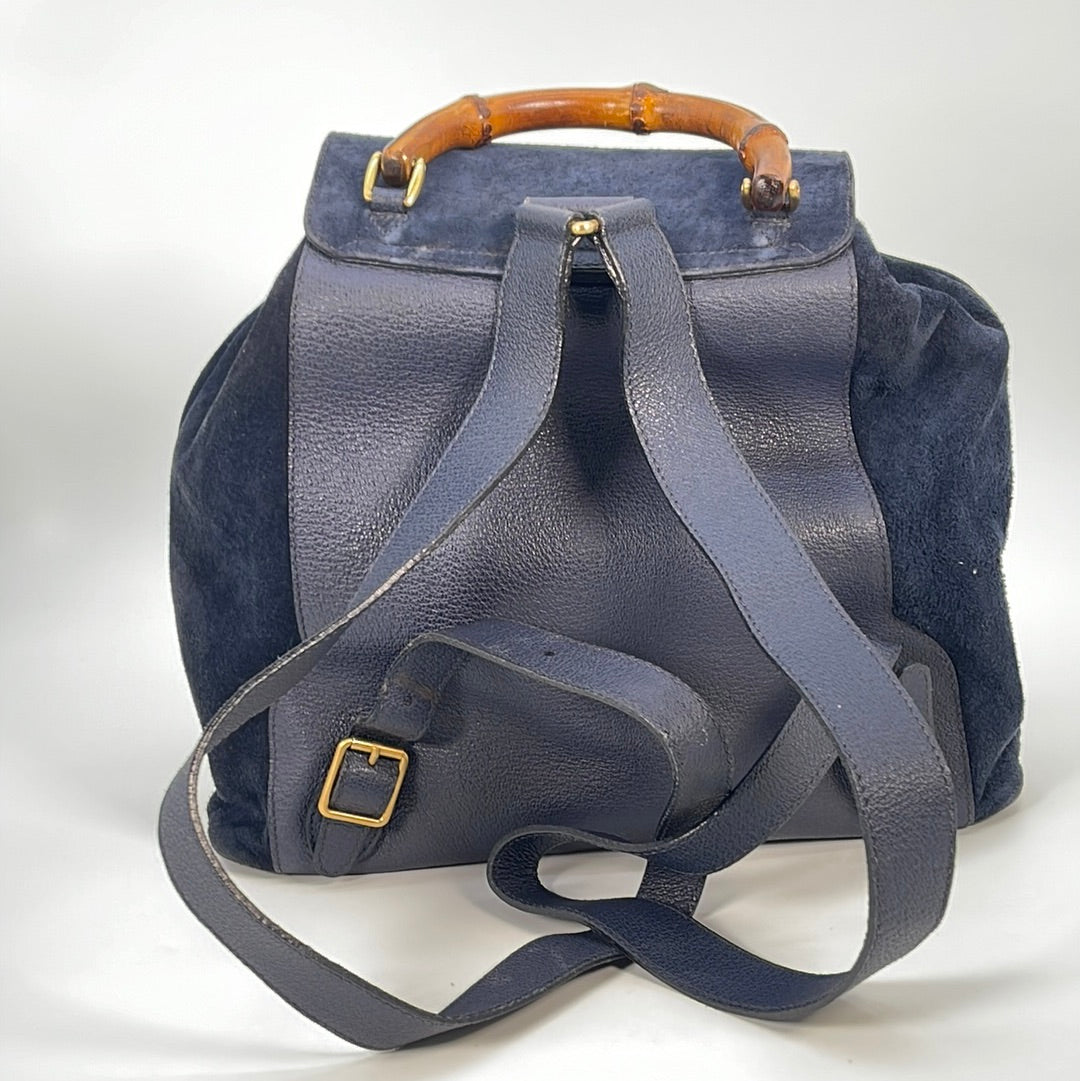 Vintage GUCCI Blue Suede Bamboo Backpack 003.2058.0016  display picture 1