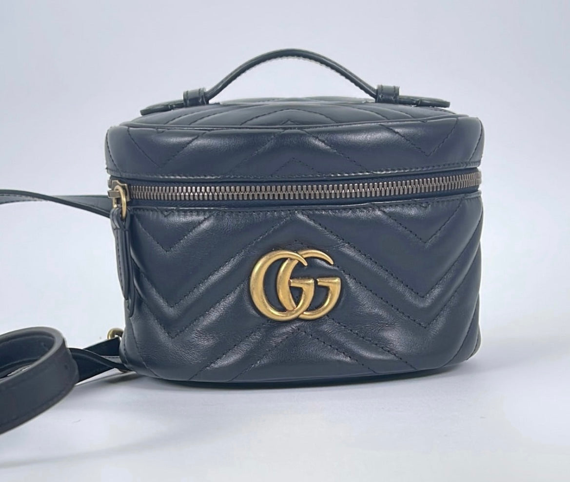 gucci gg marmont mini backpack Preloved Gucci GG Marmont Vanity Black Matelasse Leather Mini Backpack –  KimmieBBags LLC