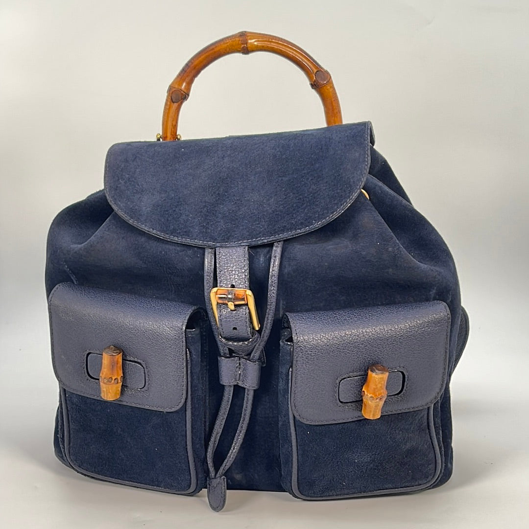 Vintage GUCCI Blue Suede Bamboo Backpack 003.2058.0016  display picture 3