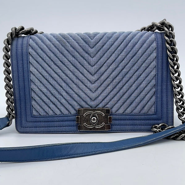 Preloved Chanel Denim Blue Medium Boy Bag Aged Silver