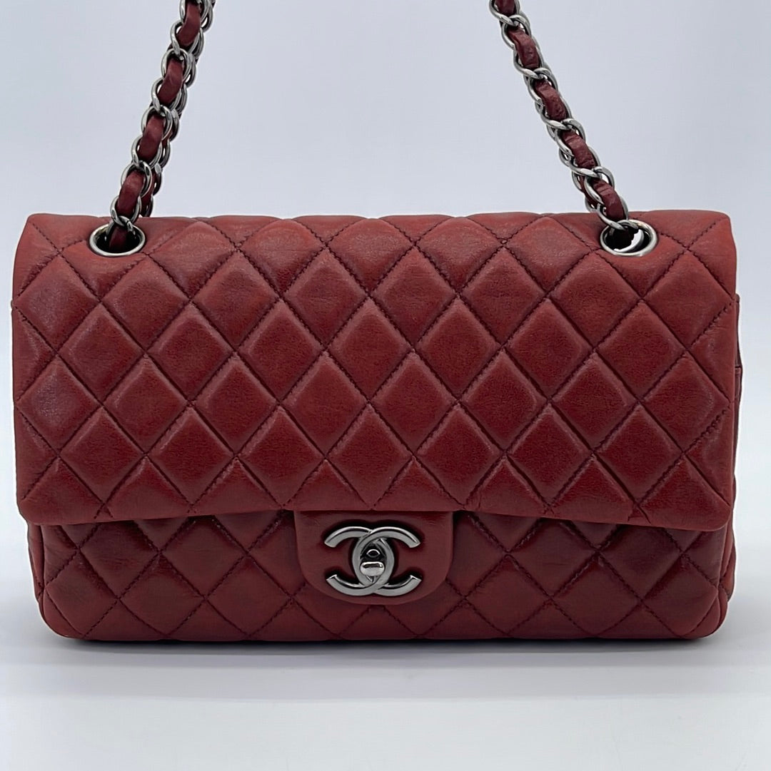 Chanel Maroon Lambskin Matelasse Medium Double Flap Shoulder Bag Chanel