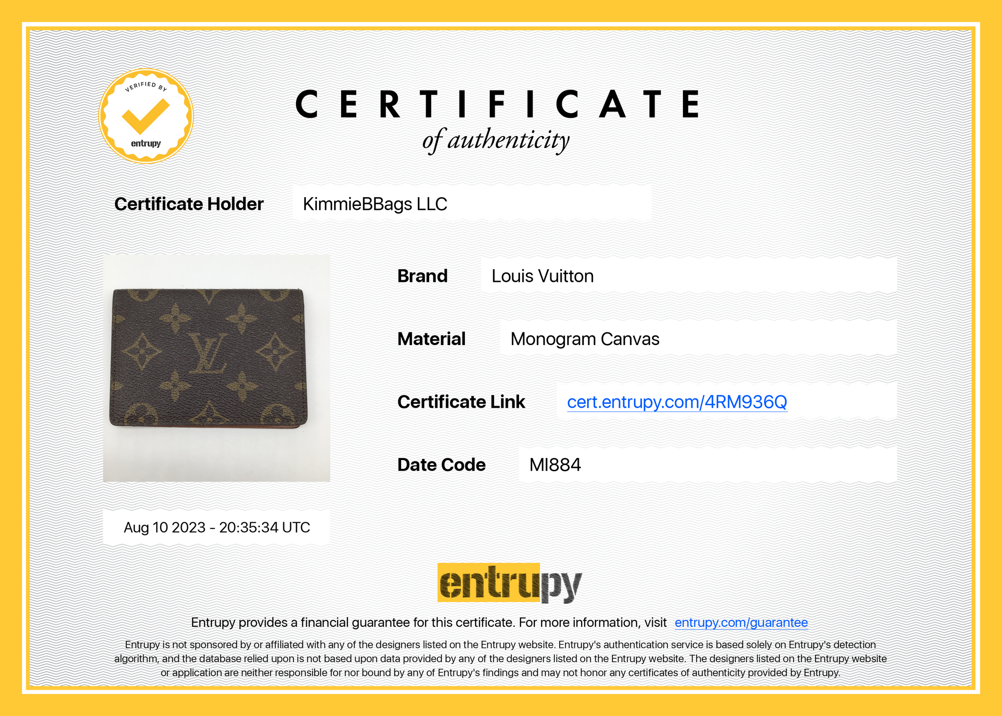 lv authenticity card
