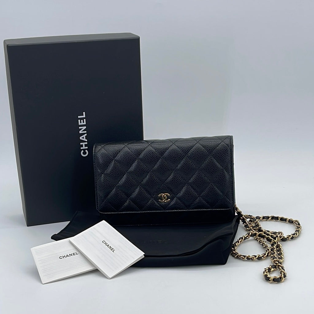 GIFTABLE Preloved Chanel Quilted Black Caviar Leather Wallet on Chain (GHW) G1JCTPP6 100623