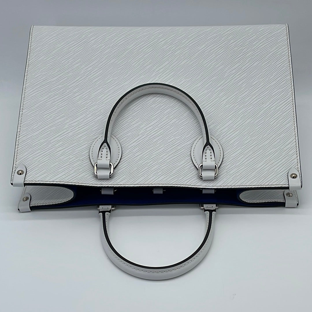 Louis Vuitton Onthego MM Epi White Tote  Designer Handbag Consignment  Boutique Raleigh NC