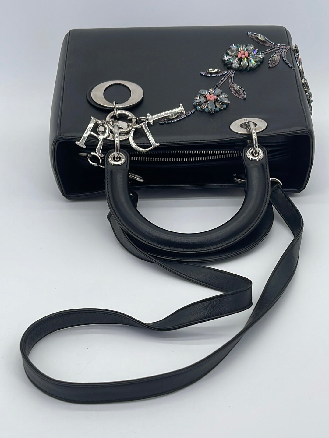 Preloved Christian Dior Flower Patch Crystal Black Leather Medium Lady Dior Bag HMWJ3TY 032224 P