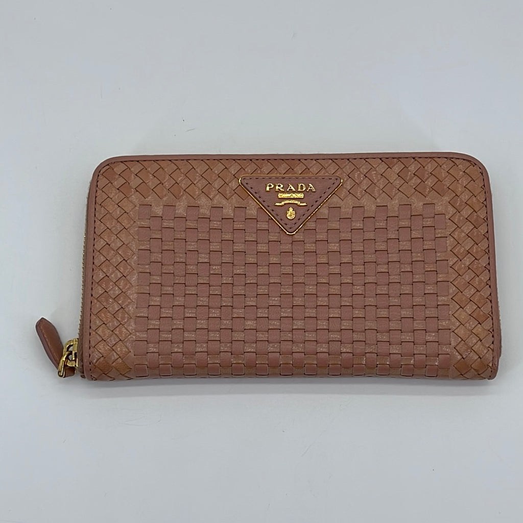 Preloved Prada Pink Madras Woven Leather Long Zip Around Wallet 203 (K) 021424