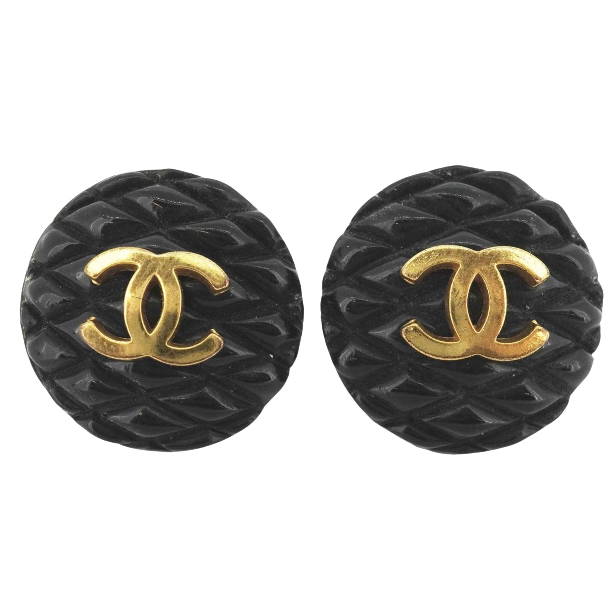 Preloved Chanel Black Quilted Resin Coco Mark 93A Earrings 950359 012924