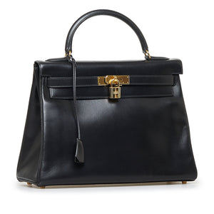 Preloved Hermes Black Box Calf Kelly 32 Handbag with Gold Hardware BD37XRR 013024
