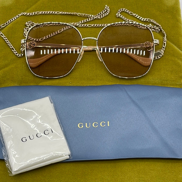 SNEAK PEEK Preloved Gucci Gold Square Sunglasses with Chain and Case 0 –  KimmieBBags LLC