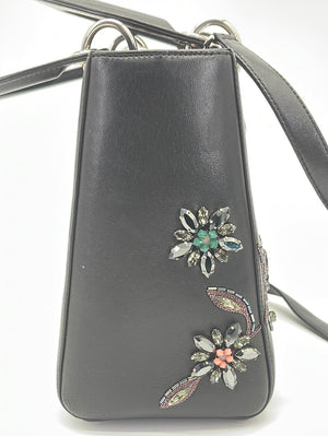 Preloved Christian Dior Flower Patch Crystal Black Leather Medium Lady Dior Bag HMWJ3TY 032224 P