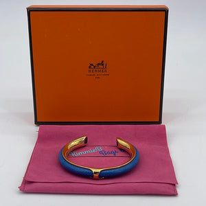 GIFTABLE PRELOVED HERMES Gold and Blue Leather Cuff Bracelet (K) 103023