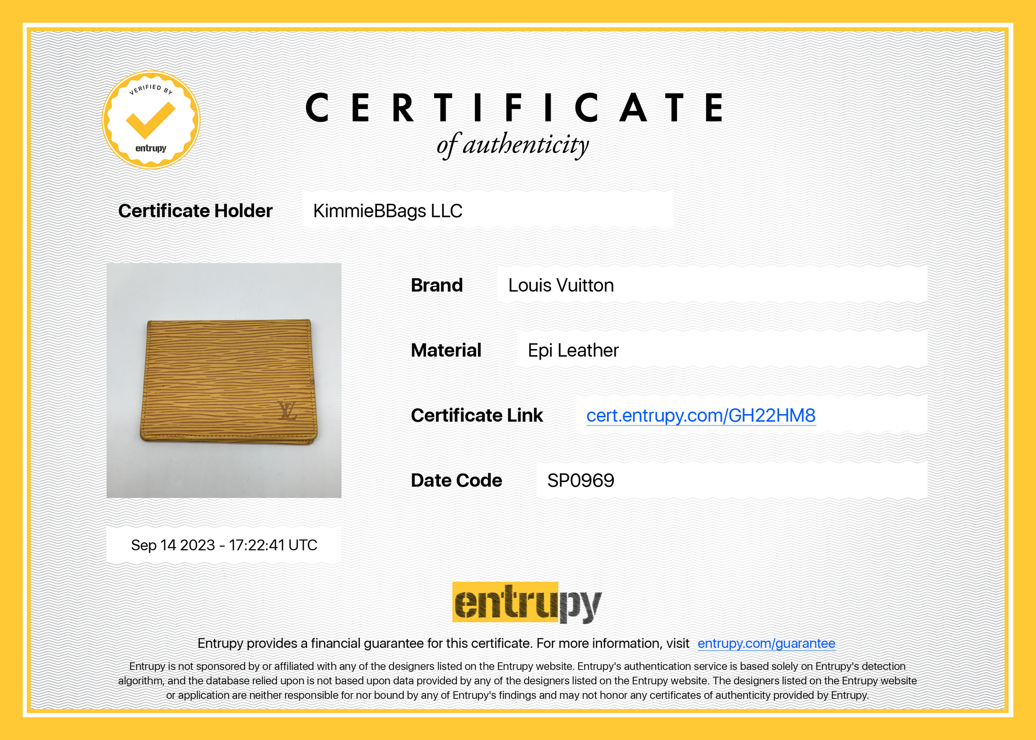 Preloved Louis Vuitton Yellow EPI ID Card Case SP0969 (Kimmie's CASE) 101923