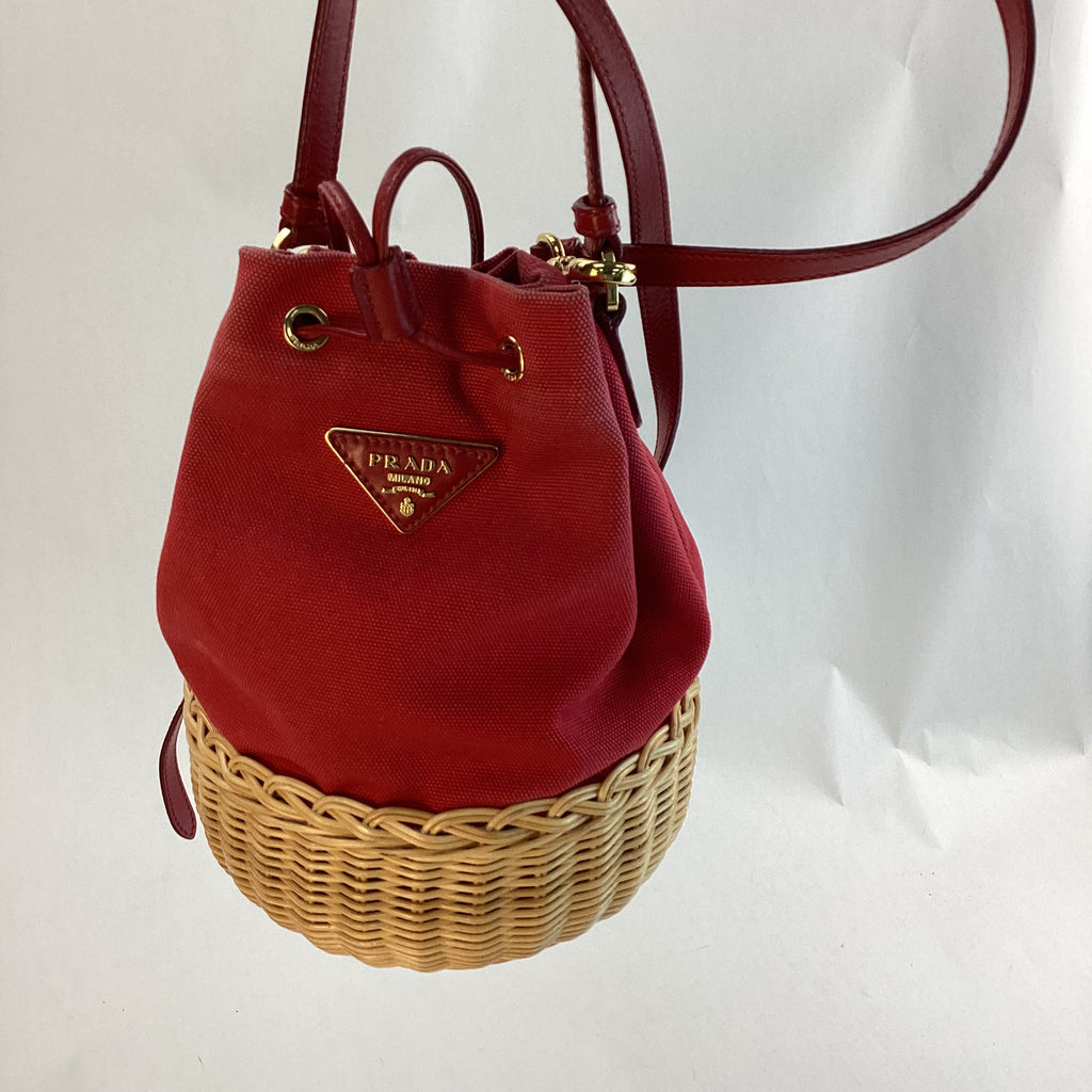 Preloved Prada Small Red Canvas Prada Wicker Bucket Bag 270 011124