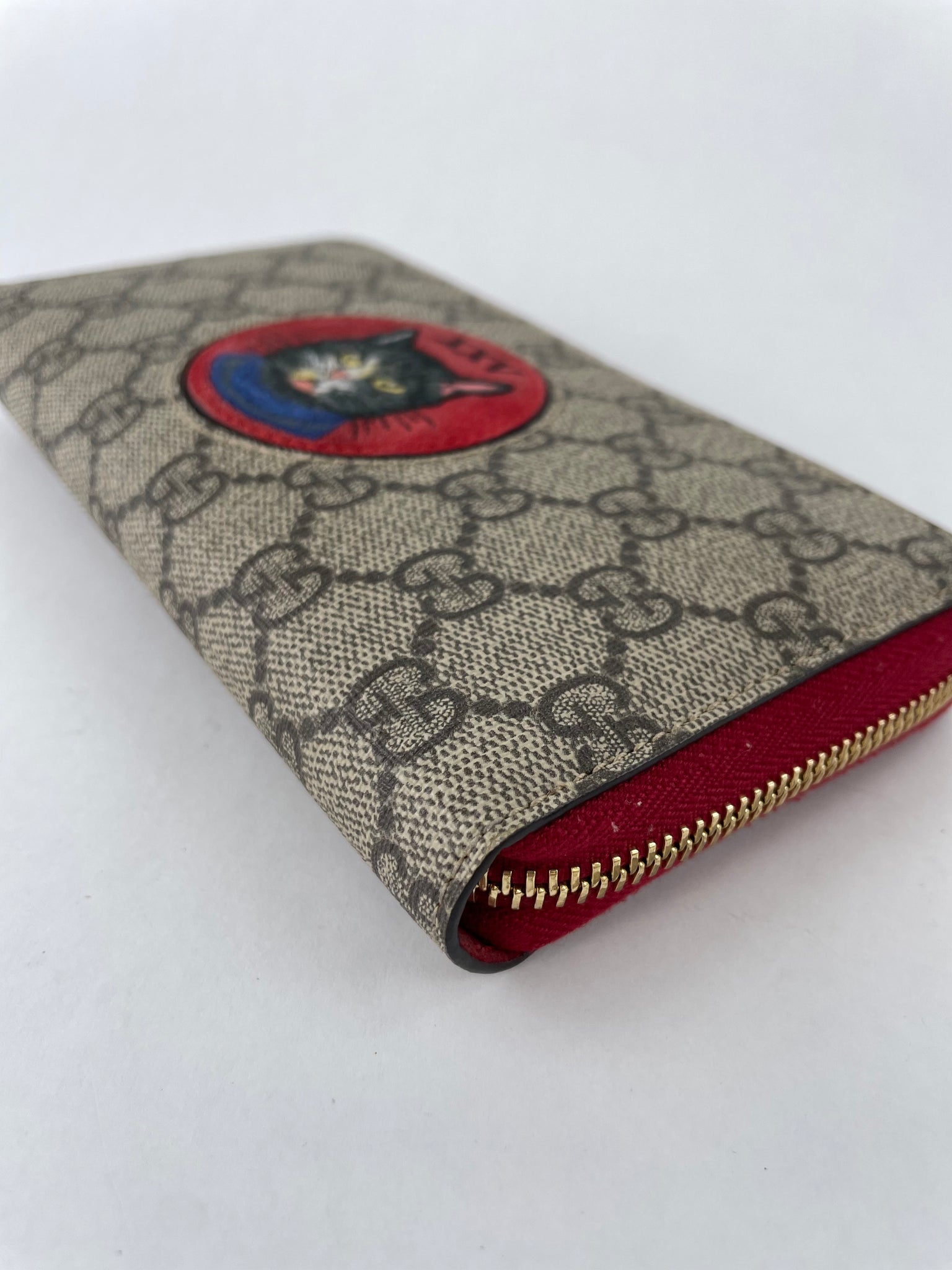 Authenticated used Gucci Gucci Round Zipper Long Wallet GG Supreme Beige/Red Cat 506279 Good Condition Unused Women's Men's, Adult Unisex, Size: (