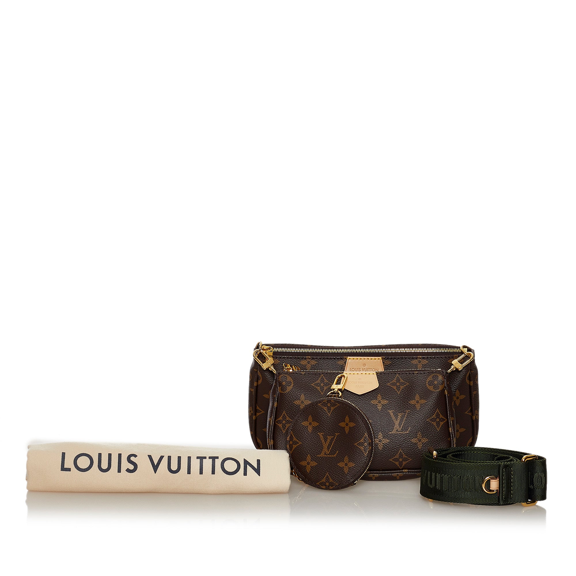 Louis Vuitton Multi Pochette, Monogram with Green Strap, Preowned in Box  WA001