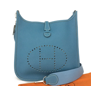Hermes Evelyne GM Taurillon Clemence Crossbody Bag Blue