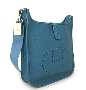 Authentic! Hermes Evelyne Blue Jean Clemence Leather PM Handbag Purse