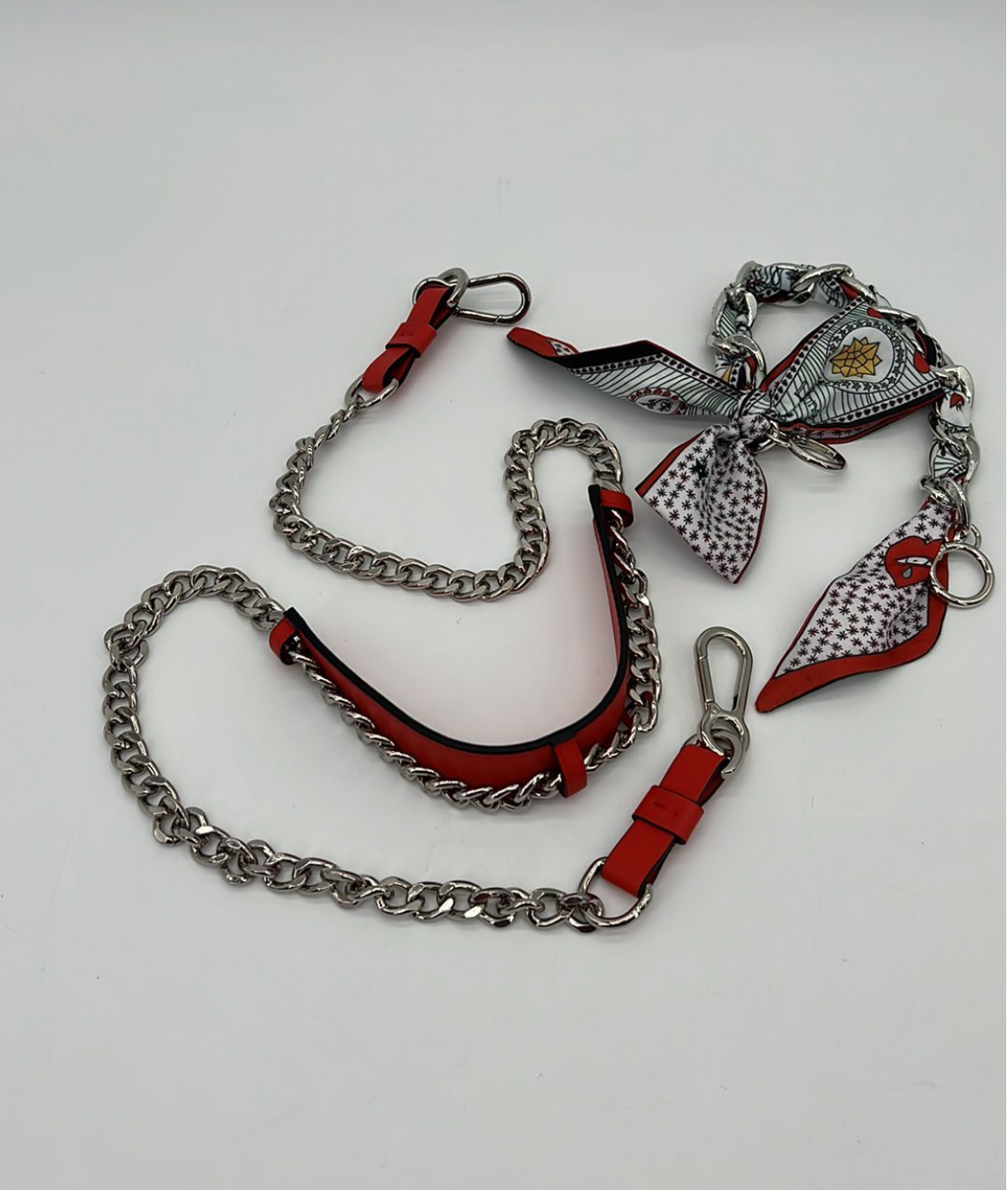 RED Leather and Silver Strap with Twilly Scarf Chain Bundle 120123