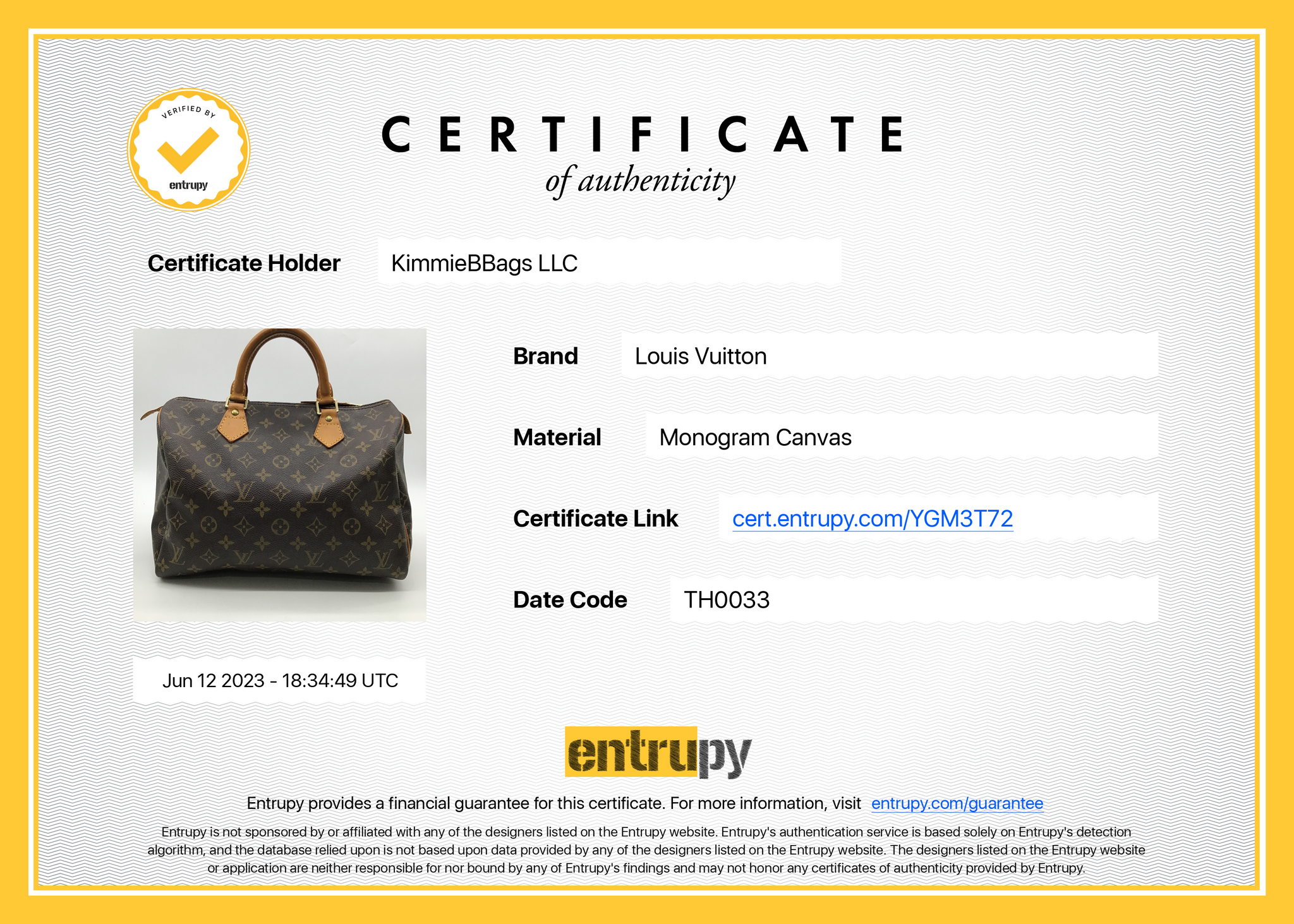 Louis Vuitton Monogram Speedy 30 with certificate of authentication