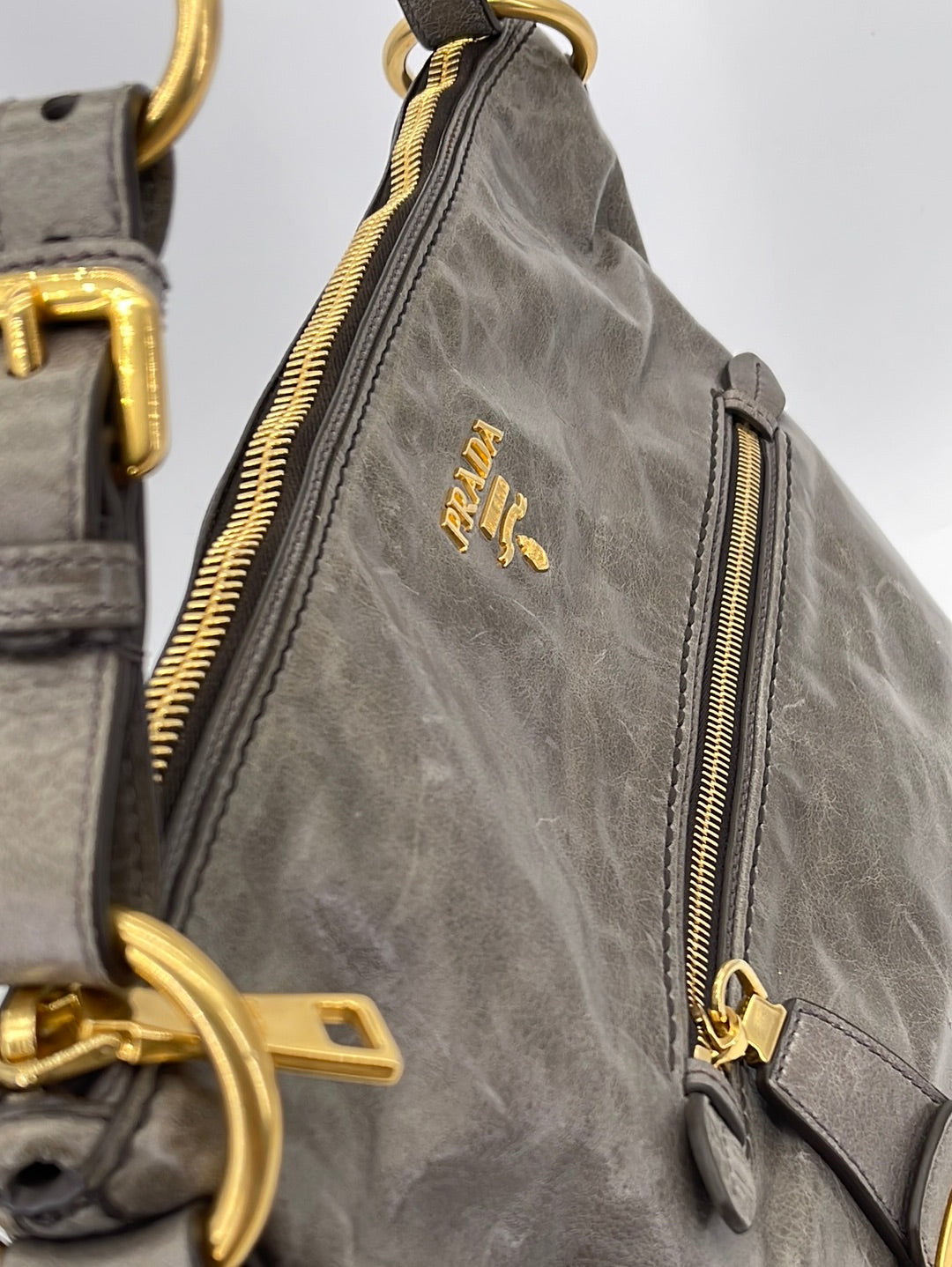 Preloved Prada Gray Vitello Shine Leather Large Hobo Bag 173 061323
