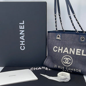 CHANEL Deauville Large Denim Shopping Tote Bag Dark Blue