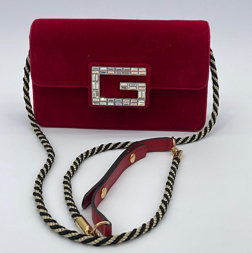 Preloved Gucci Red G Broadway Velvet Jeweled Velvet Crossbody Bag 544242525040 060223