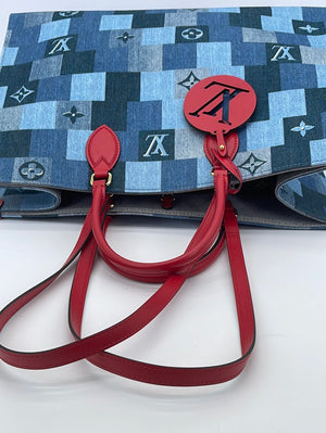 LOUIS VUITTON, DAMIER PATCHWORK ONTHEGO TOTE IN DENIM AND LEATHER WITH  GOLD TONE HARDWARE, Handbags & Accessories, 2020
