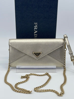 PRELOVED Prada Envelope Chain Wallet Gold Saffiano Leather 181M 052223 –  KimmieBBags LLC