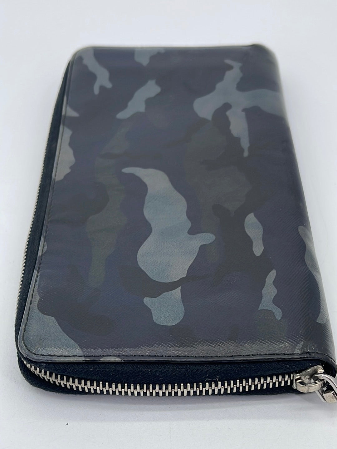 Preloved Prada Grey Camouflage Leather Long Zip Around Travel Wallet 107 062323