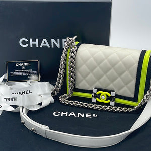 Preloved CHANEL White, Black, Green Quilted Canvas Small Fluo Boy