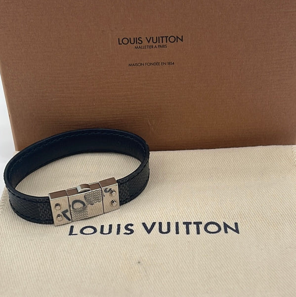LOUIS VUITTON Reversible Damier Graphite & Black Leather Check It  Bracelet 7" L