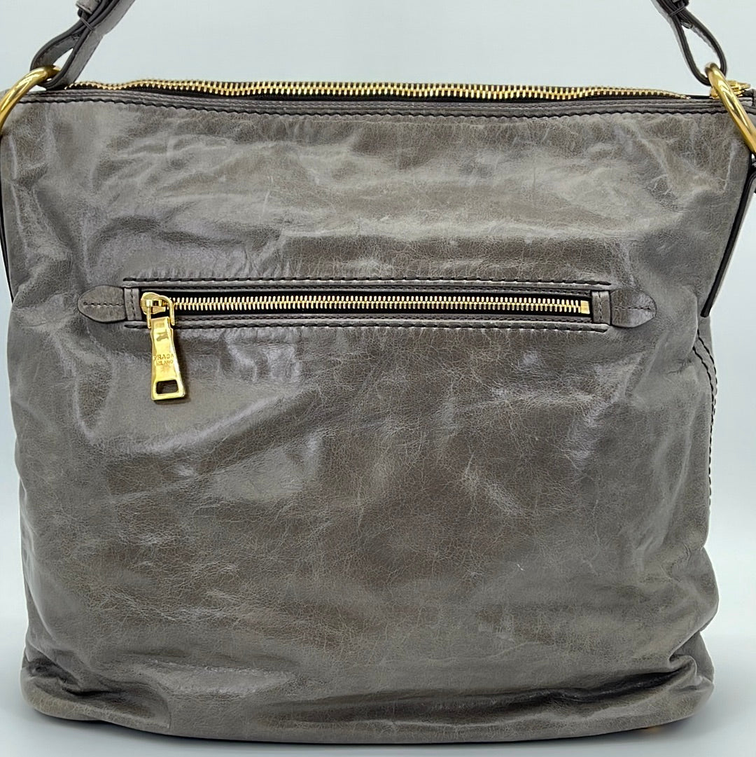 Preloved Prada Gray Vitello Shine Leather Large Hobo Bag 173 061323