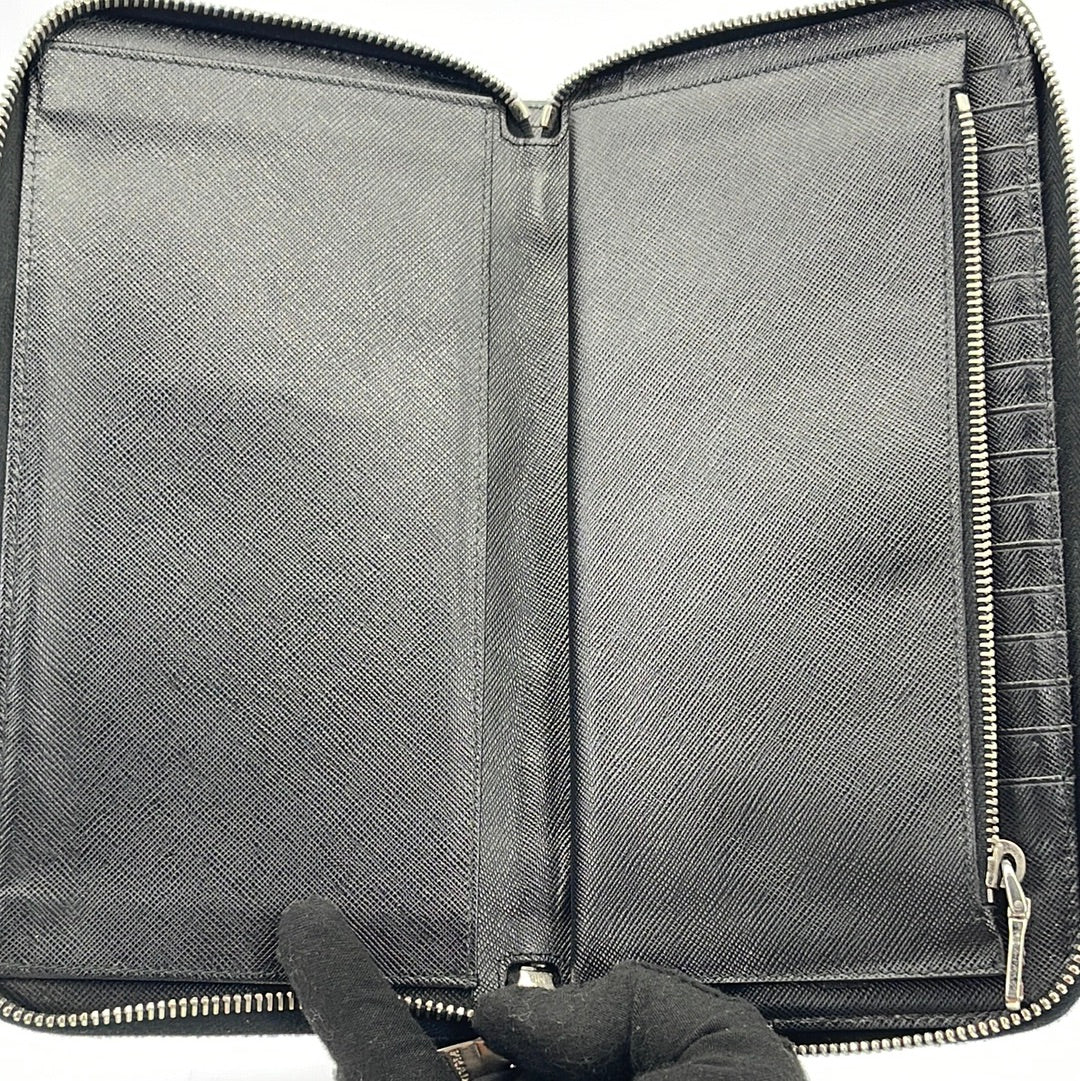 Preloved Prada Grey Camouflage Leather Long Zip Around Travel Wallet 107 062323