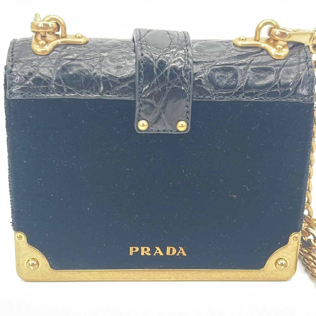 Preloved Prada Black Velvet with Crocodile Embossed Leather Micro Cahier Crossbody Bag 233 052223 $500 OFF