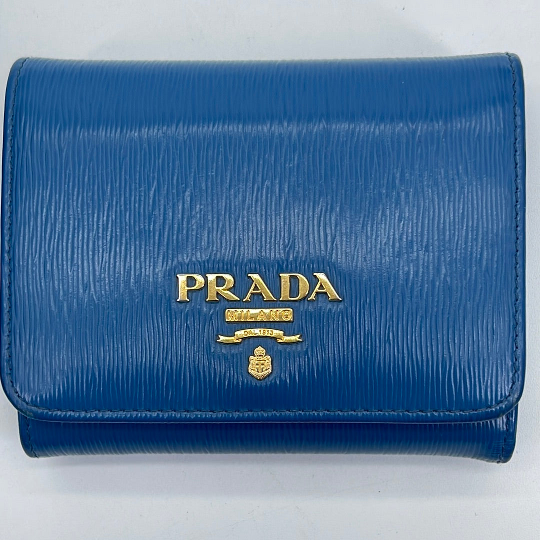 Preloved Prada Blue Saffiano Leather Compact Wallet 197A 051323 $150 OFF