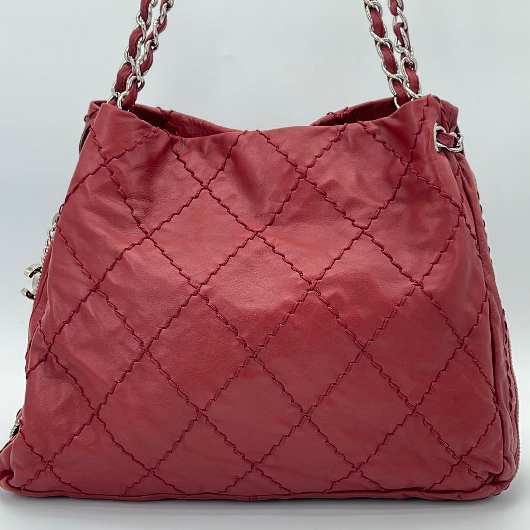 Preloved Chanel Red Leather Double Stitch Zip Around Chain Hobo