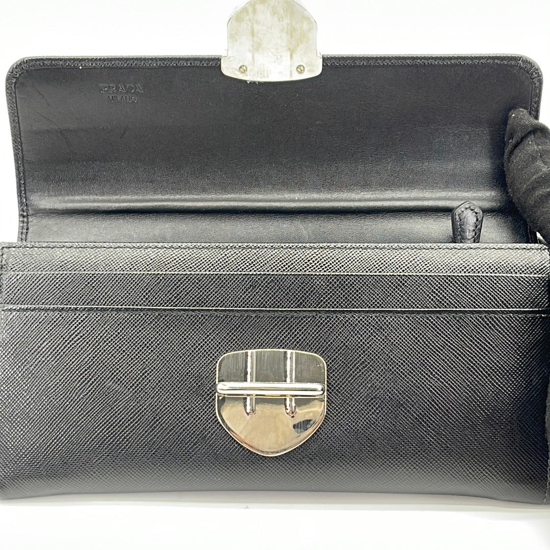 PRADA Saffiano Metal Bar Continental Flap Wallet Black 1154742