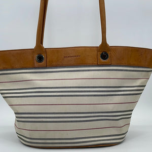 Preloved Burberry White Stripes Canvas Shoulder Bag VD46G28 061623 $125 oFF