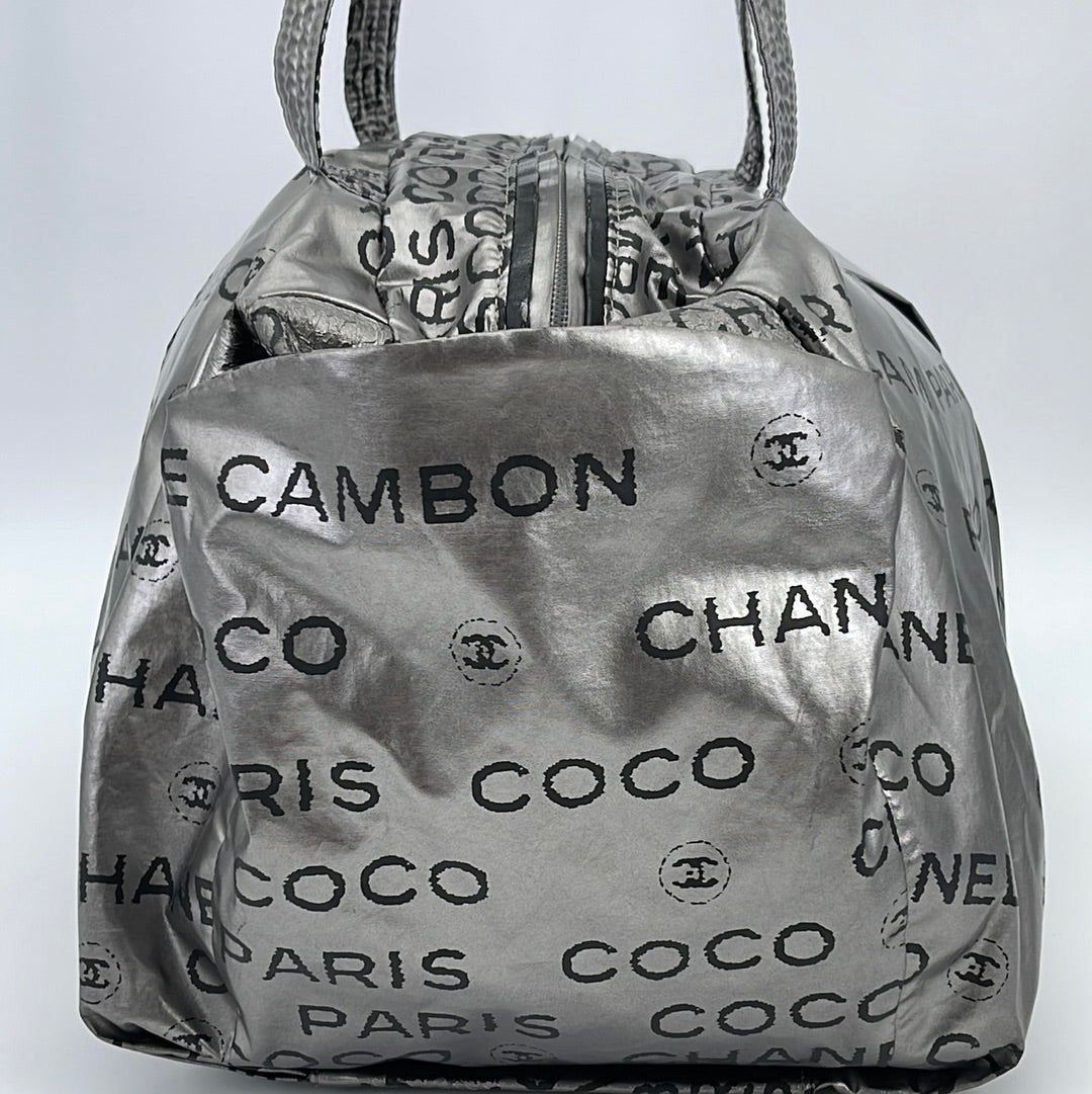 Chanel Silver Cambon 31 Rue Nylon Tote Bag Black Silvery Cloth ref