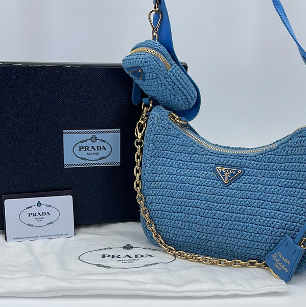 Preloved Prada Blue Re-Edition Crochet Shoulder Bag 272 060523