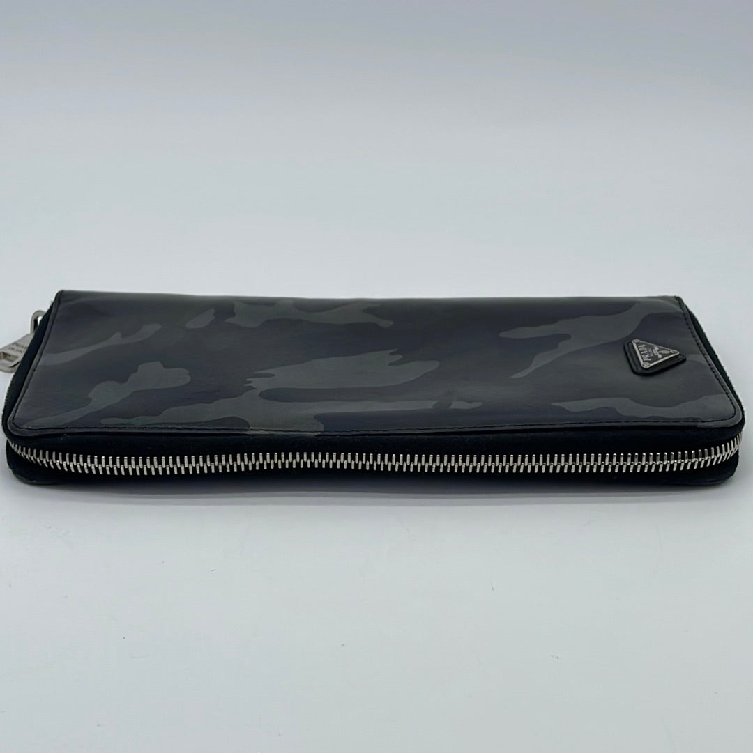 Preloved Prada Grey Camouflage Leather Long Zip Around Travel Wallet 107 062323