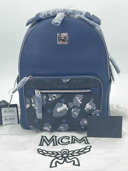 AUTHENTIC MCM STARK VISETOS PEBBLED LEATHER NAVY BLUE CAMO BACKPACK W DUST  BAG