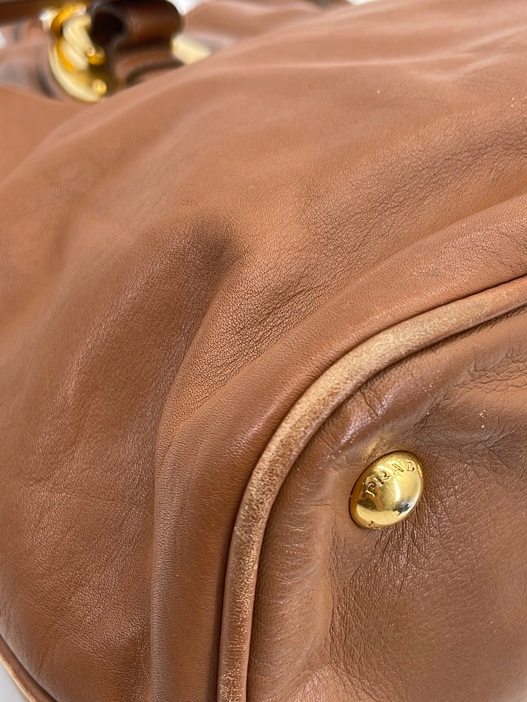 Preloved Prada Tan Leather Vitello Daino Convertible Buckle Tote 172 061323