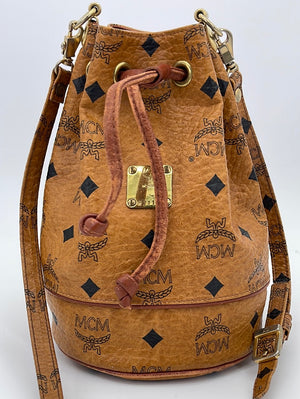 PRELOVED MCM Cognac Visetos Mini Bucket Handbag H2117 052923 $400 OFF
