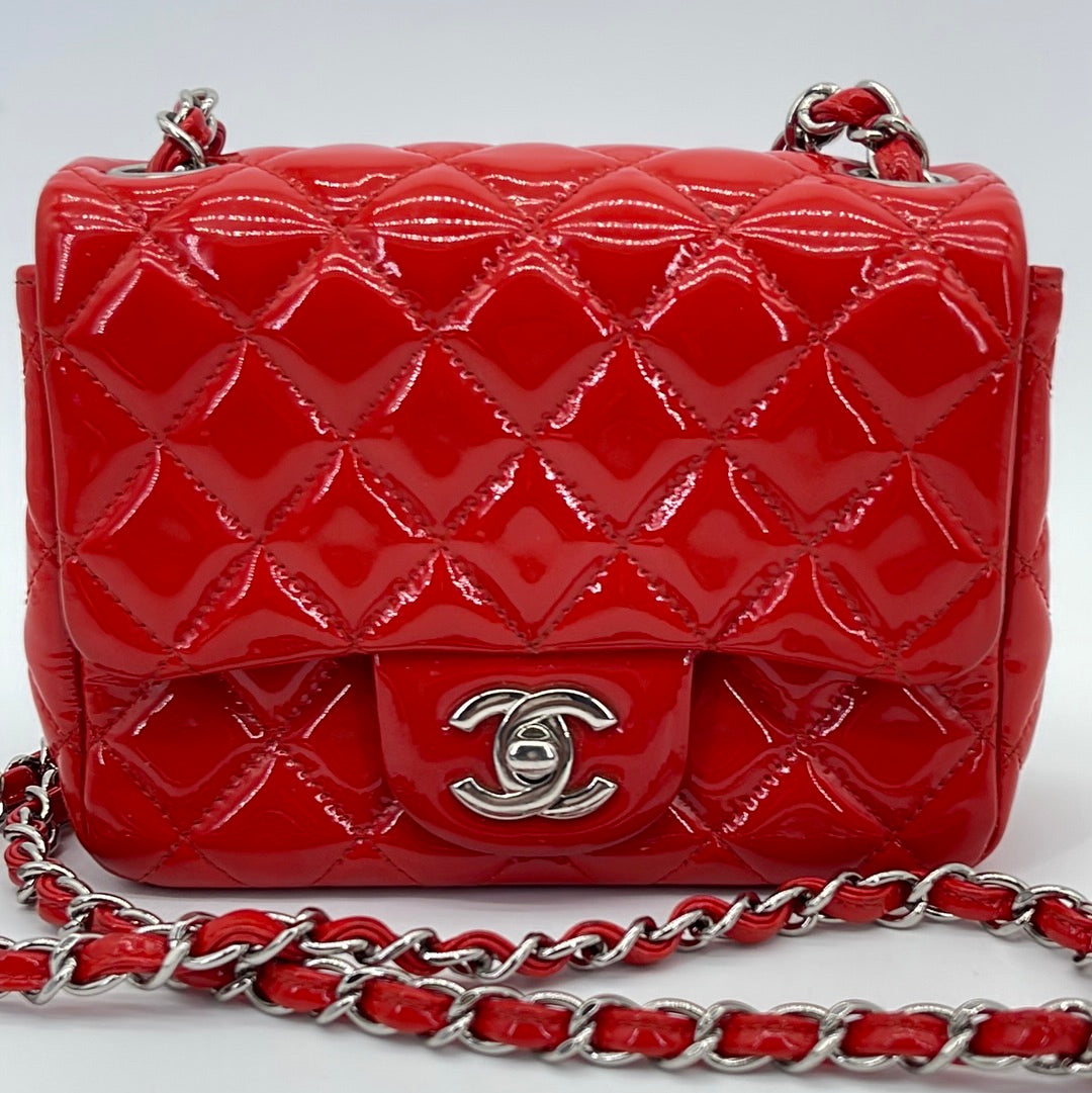 Preloved Chanel Classic Quilted Red Patent Leather Mini Single Flap Bag  19057478 071023 $1000 OFF FLASH SALE