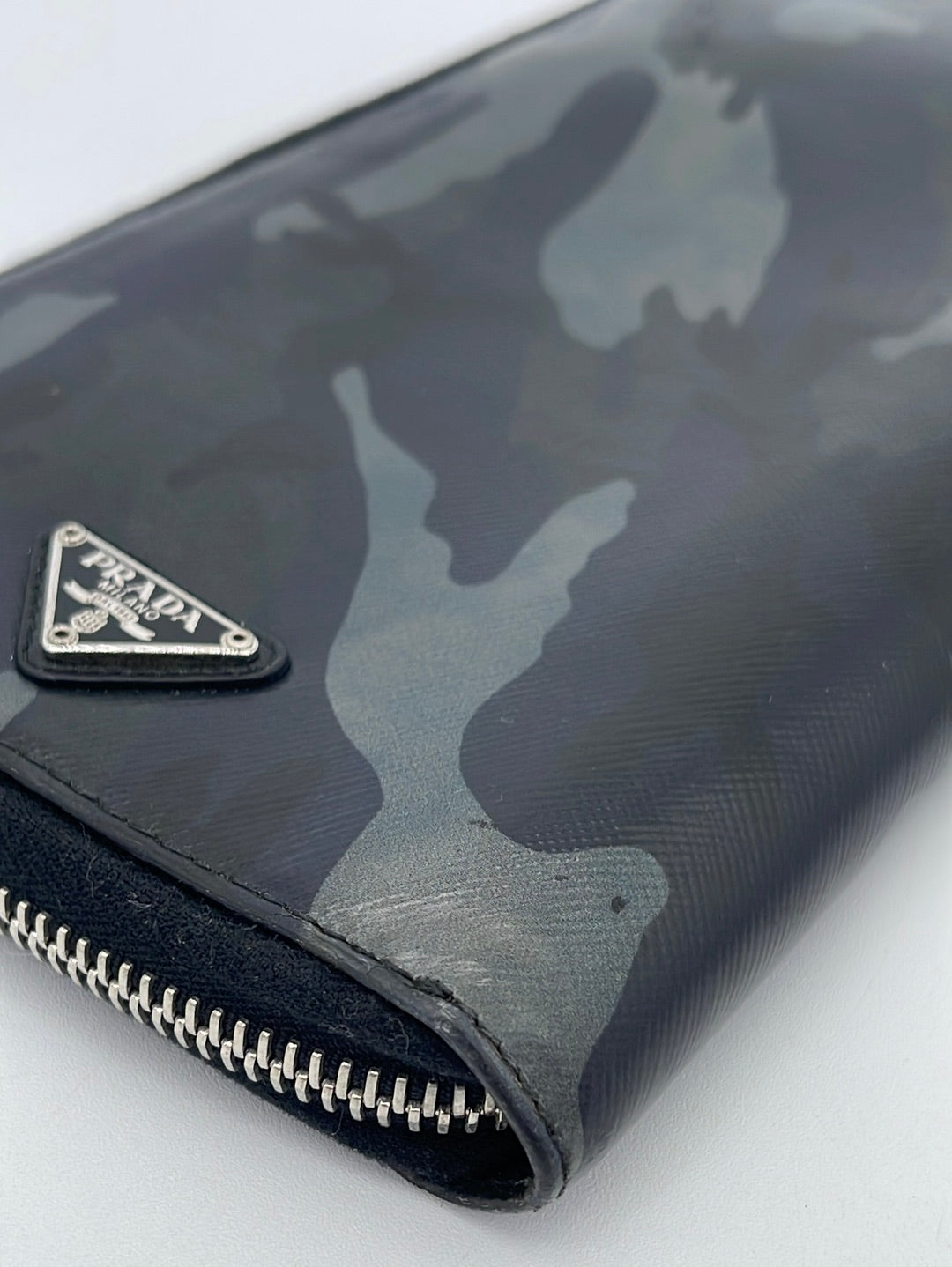 Preloved Prada Grey Camouflage Leather Long Zip Around Travel Wallet 107 062323